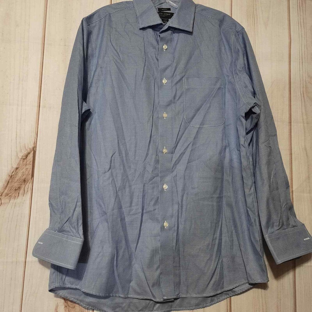 Pronto Uomo Mens Non-Iron Blue Micro Check Egyptian Cotton Dress Shirt 16 32/33